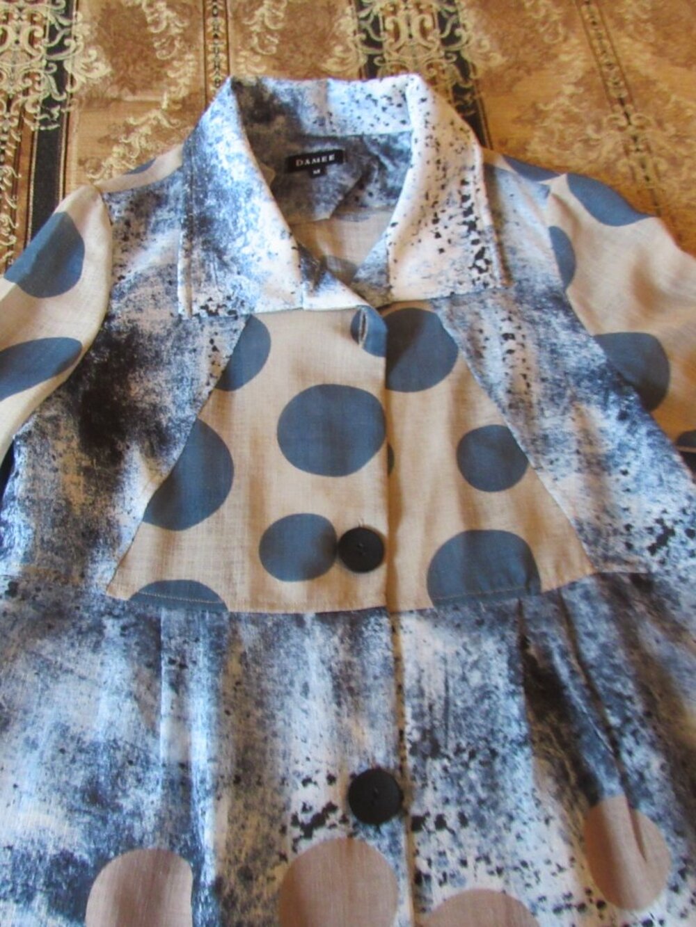 Damee Shirt Top Tunic Jacket Sz M 12 14 Art to Wear Blue Beige Wire Collar New
